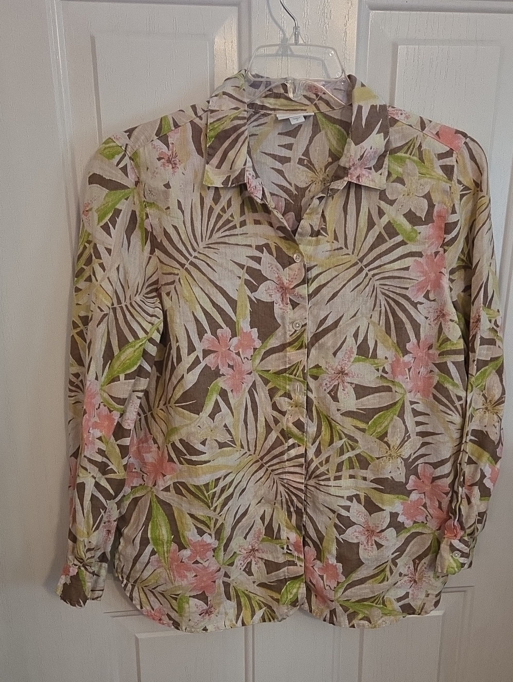 J. Jill Tropical Floral Button-Down Linen Shirt in Pink & Green Size M